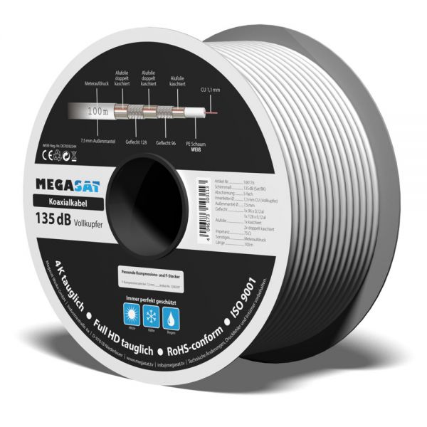 Koaxialkabel 135 dB Vollkupfer 100m 7,5mm 5-fach geschirmt weiß