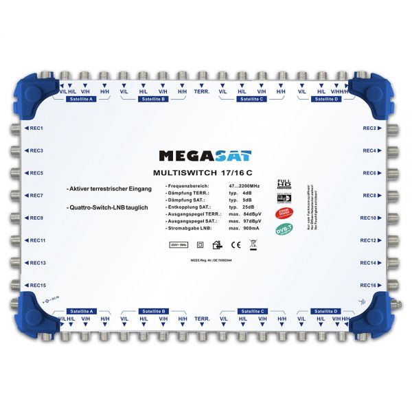 Megasat Multischalter 17/16 C Kaskade Multiswitch DiSEqC Verteiler erweiterbar Quad tauglich