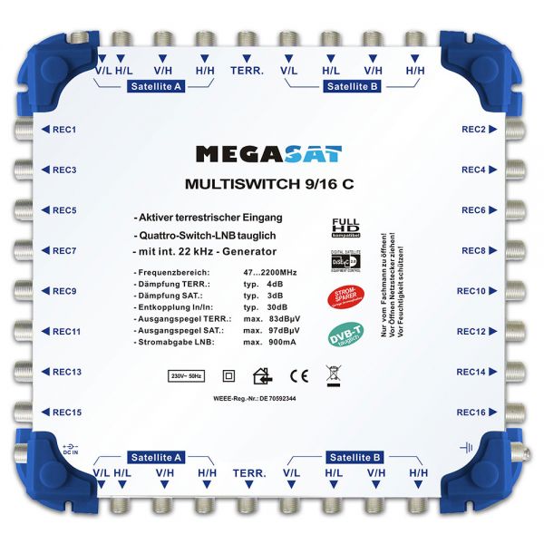 Megasat Multischalter 9/16 C Kaskade Multiswitch DiSEqC Verteiler erweiterbar Quad tauglich